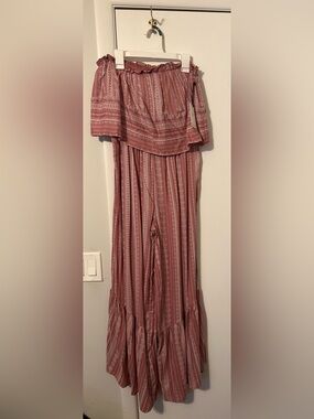 Striped Off-Shoulder Wide Leg Jumpsuit in Dusty Rose